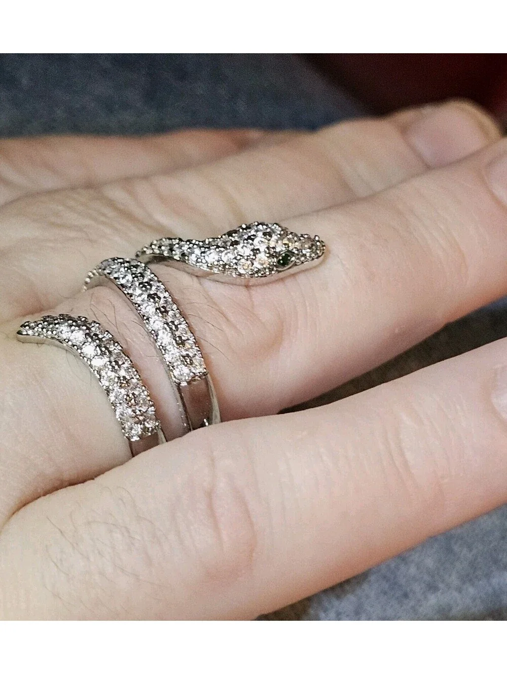 Adjustable Snake Ring Rhodium Plated Pave CZ Green Eyes Serpent Wrap Design